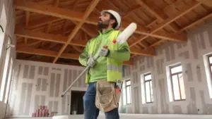 Una persona con attrezzatura da pittura osserva il soffitto in un edificio in ristrutturazione