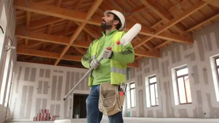 Una persona con attrezzatura da pittura osserva il soffitto in un edificio in ristrutturazione