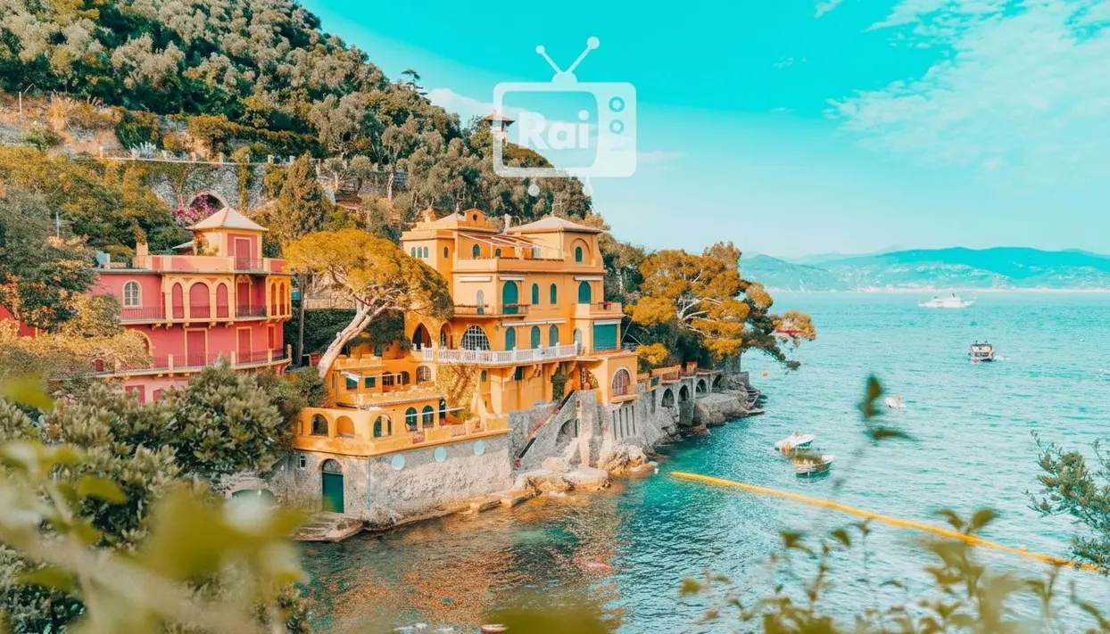 Veduta di ville colorate sulla costa ligure con mare cristallino e barche