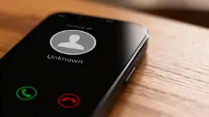 Chiamata in arrivo da numero sconosciuto su smartphone poggiato su un tavolo in legno