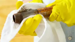 Mani con guanti gialli puliscono un tubo arrugginito con un panno bianco