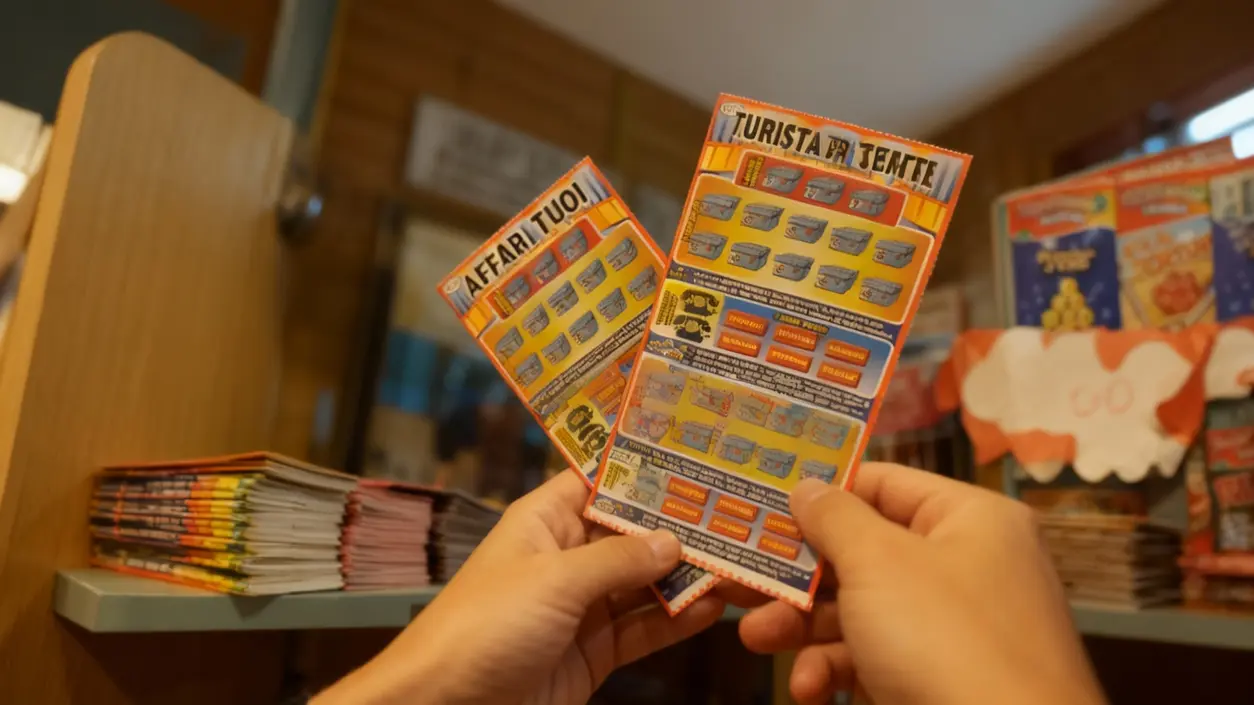 Mani che tengono due biglietti Gratta e Vinci all'interno di una tabaccheria