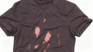 Maglietta scura con evidenti macchie causate dalla candeggina