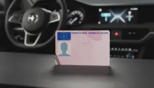 Patente di guida italiana appoggiata sul cruscotto di un'auto