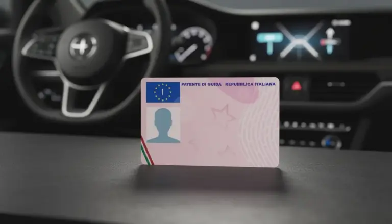 Patente di guida italiana appoggiata sul cruscotto di un'auto