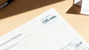 Dettaglio di una bolletta della luce su un tavolo con consumo riportato di 130 kWh