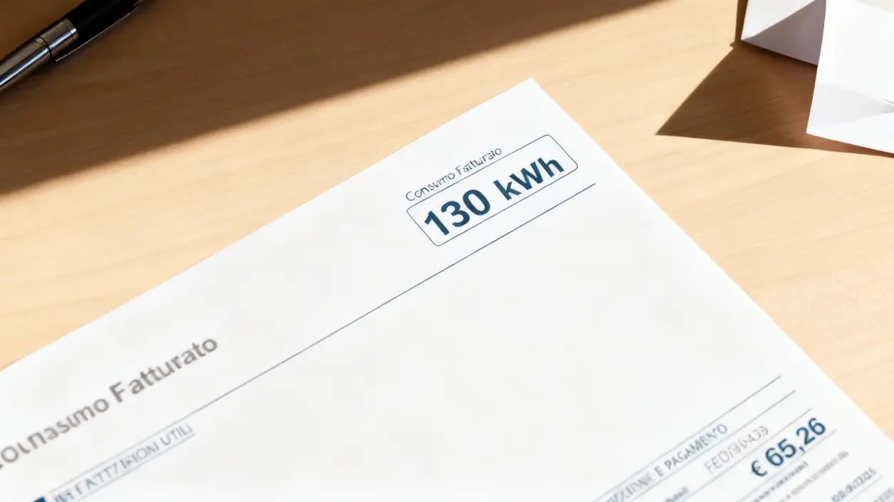Dettaglio di una bolletta della luce su un tavolo con consumo riportato di 130 kWh