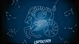 Illustrazione del segno zodiacale del Capricorno con costellazioni su sfondo blu