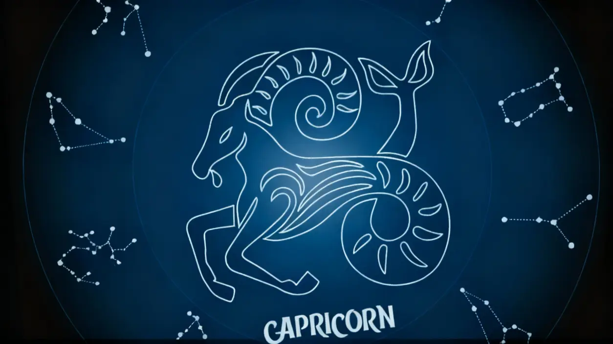 Illustrazione del segno zodiacale del Capricorno con costellazioni su sfondo blu