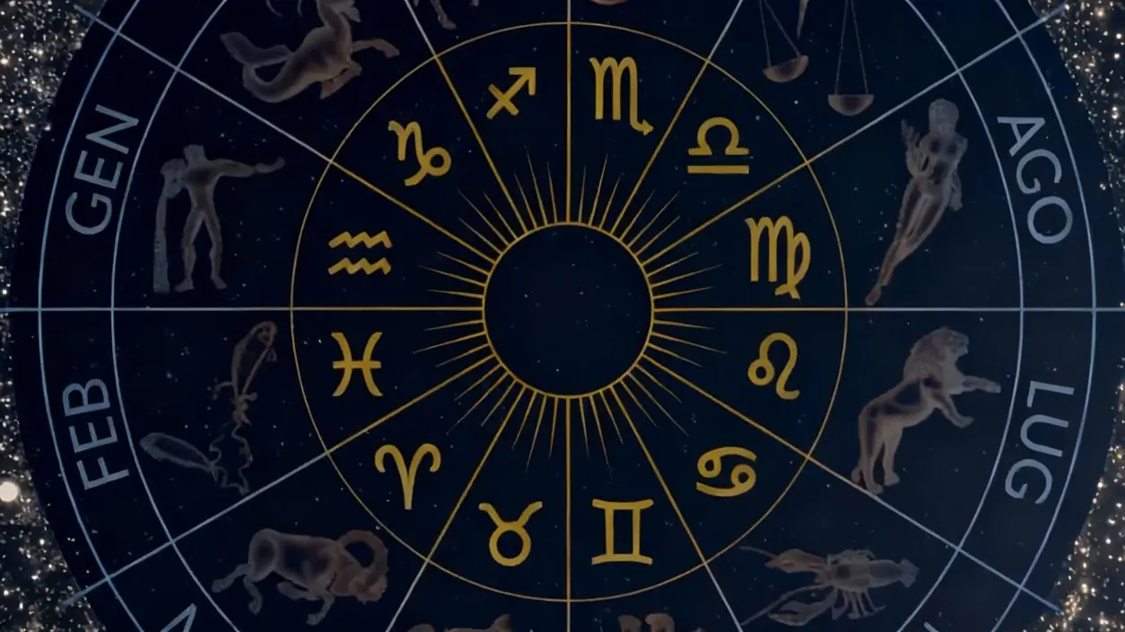 Rappresentazione circolare dei segni zodiacali su sfondo stellato
