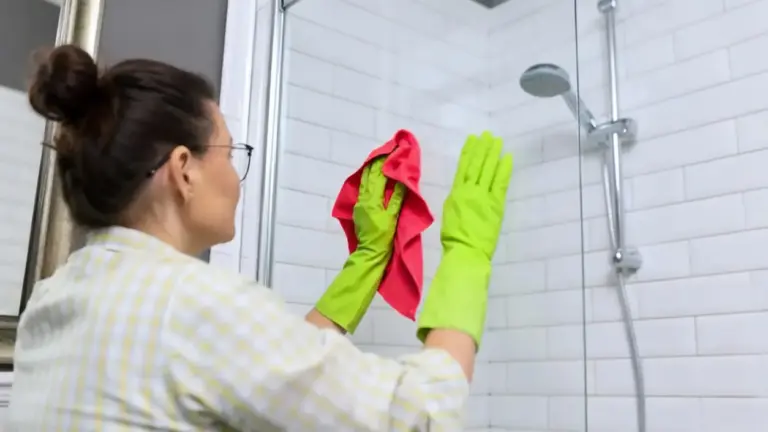 Persona che pulisce il vetro della doccia con un panno rosso e guanti verdi