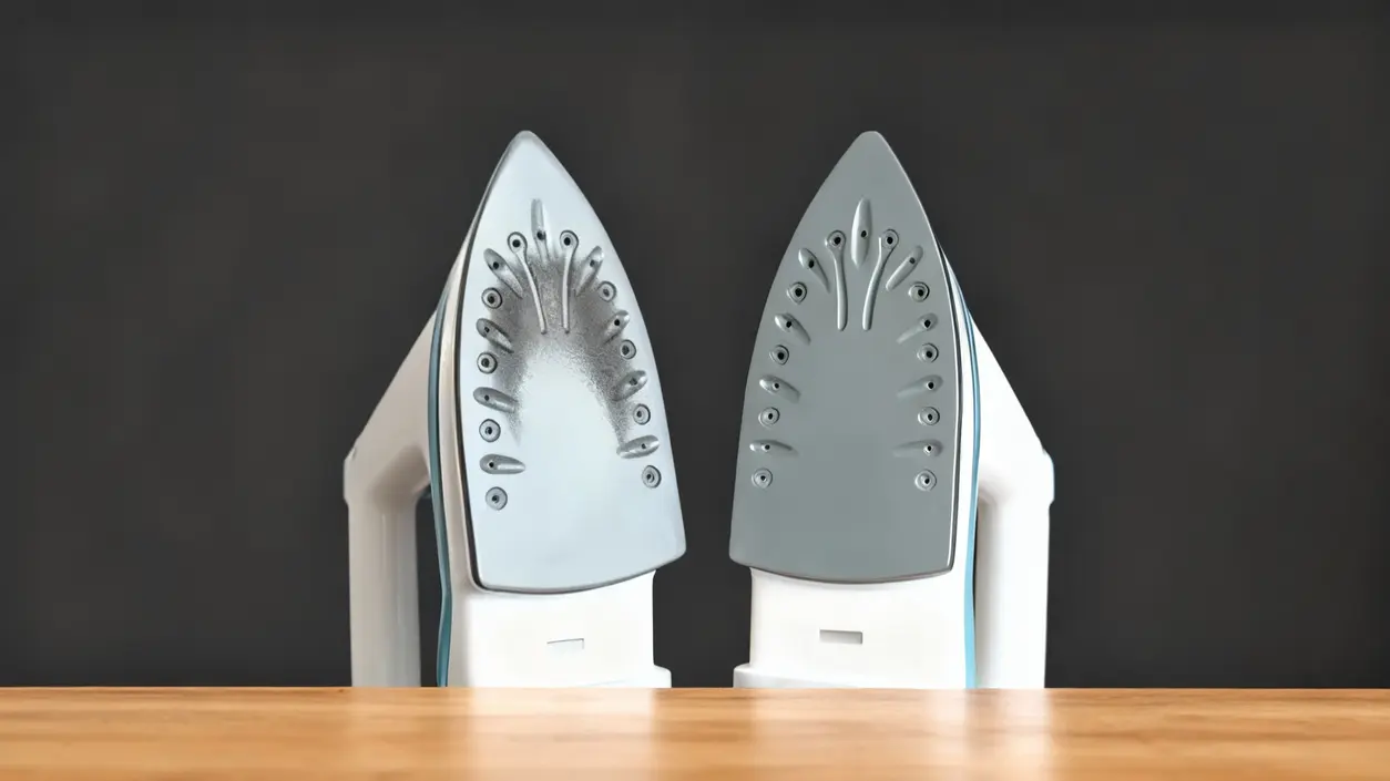 Due ferri da stiro con piastre a confronto, una bruciata e una pulita