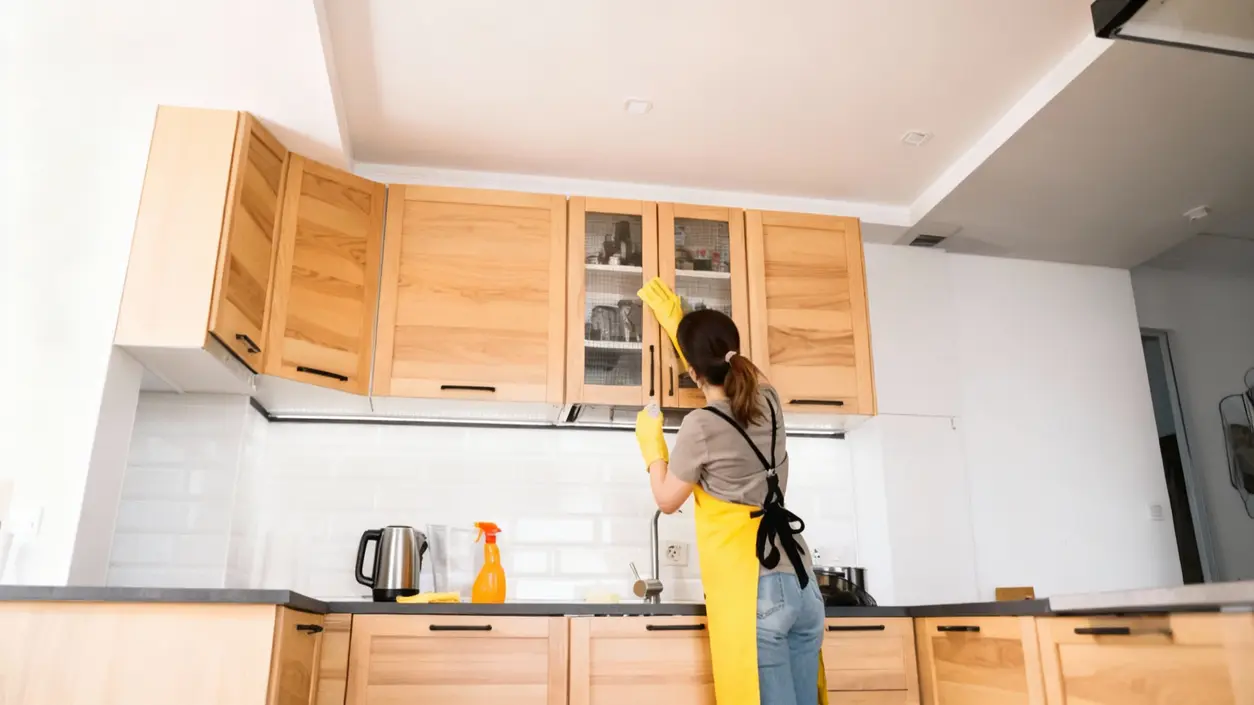 Persona che pulisce la parte superiore dei pensili della cucina con guanti e grembiule