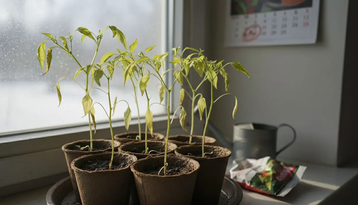 Piantine di peperoncino cresciute in piccoli vasi su un davanzale.
