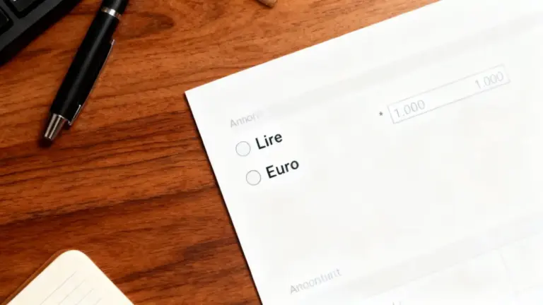 Modulo su scrivania con opzioni tra lire ed euro accanto a una penna