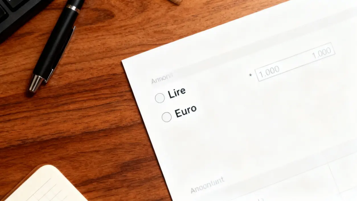 Modulo su scrivania con opzioni tra lire ed euro accanto a una penna