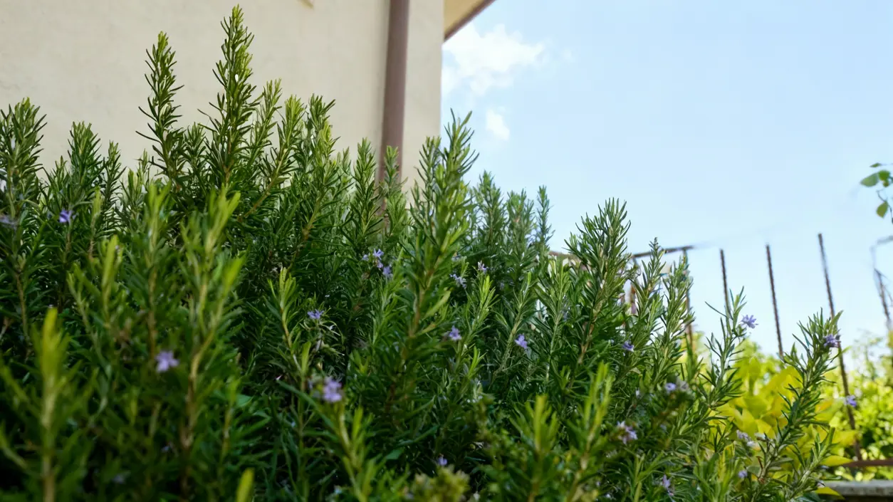 Pianta di rosmarino rigogliosa coltivata in un orto soleggiato vicino a un edificio