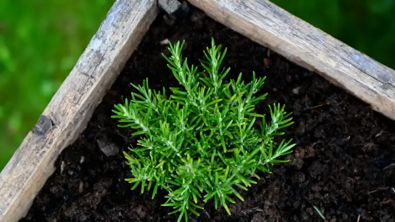 Pianta di rosmarino verde in crescita in una fioriera di legno con terra scura