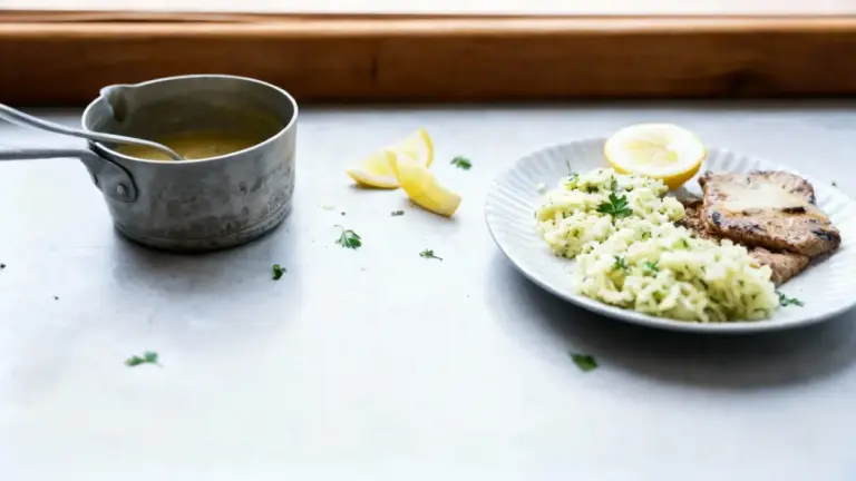 Piatto di scaloppine al limone con contorno di riso e fetta di limone su un tavolo chiaro