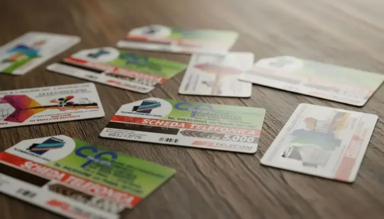 Vecchie schede telefoniche italiane sparse su un tavolo in legno