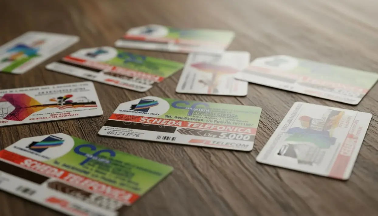 Vecchie schede telefoniche italiane sparse su un tavolo in legno