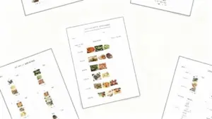 Foglio con tabelle e immagini di cibo, disposto su una superficie bianca insieme ad altri fogli simili