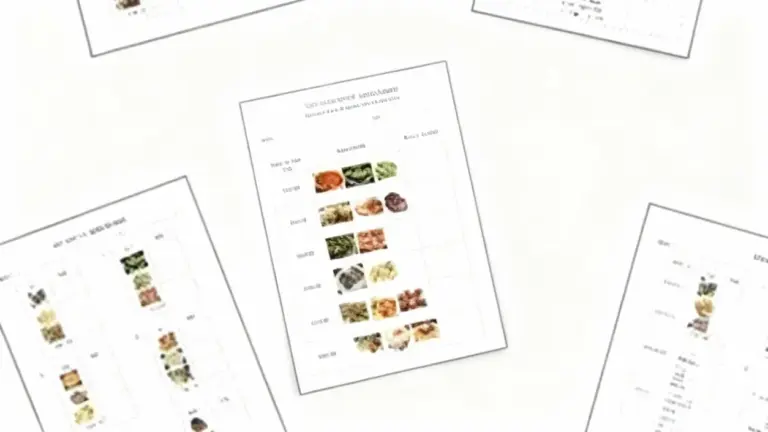 Foglio con tabelle e immagini di cibo, disposto su una superficie bianca insieme ad altri fogli simili