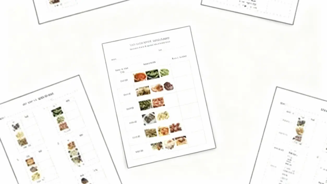 Foglio con tabelle e immagini di cibo, disposto su una superficie bianca insieme ad altri fogli simili