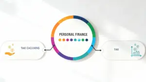 Grafico concettuale su finanza personale e tassazione con icone illustrative