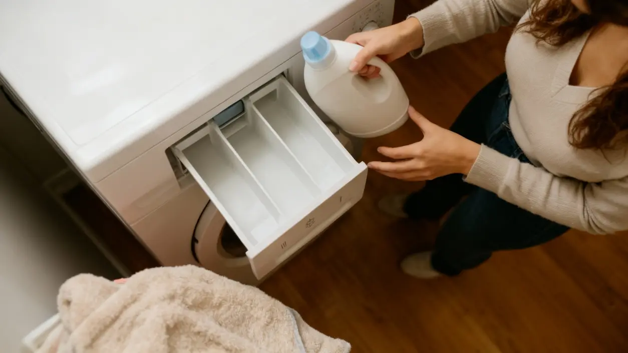 Persona apre il cassetto della lavatrice con in mano una bottiglia di detersivo