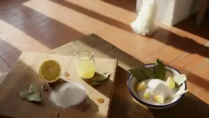 Ingredienti naturali come limone, bicarbonato e alloro su un tavolo di legno illuminato dal sole