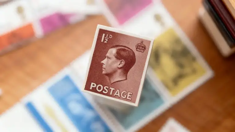 Francobollo raro con profilo maschile in evidenza su sfondo sfocato di altri francobolli