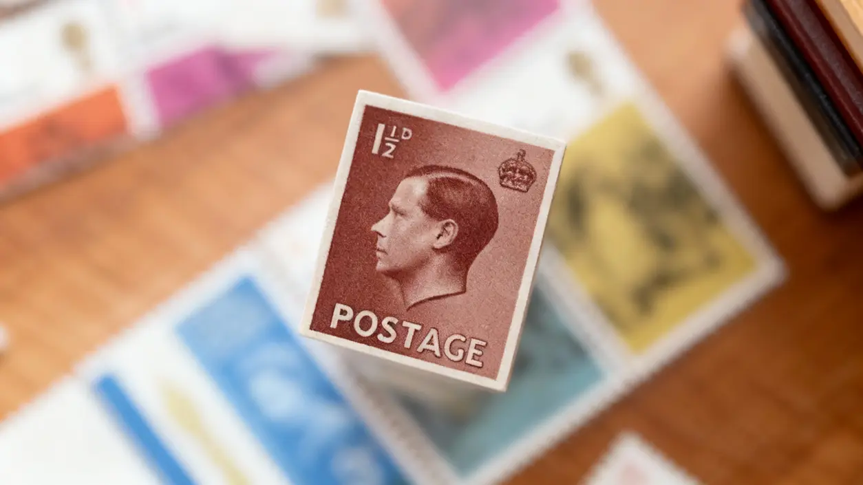 Francobollo raro con profilo maschile in evidenza su sfondo sfocato di altri francobolli