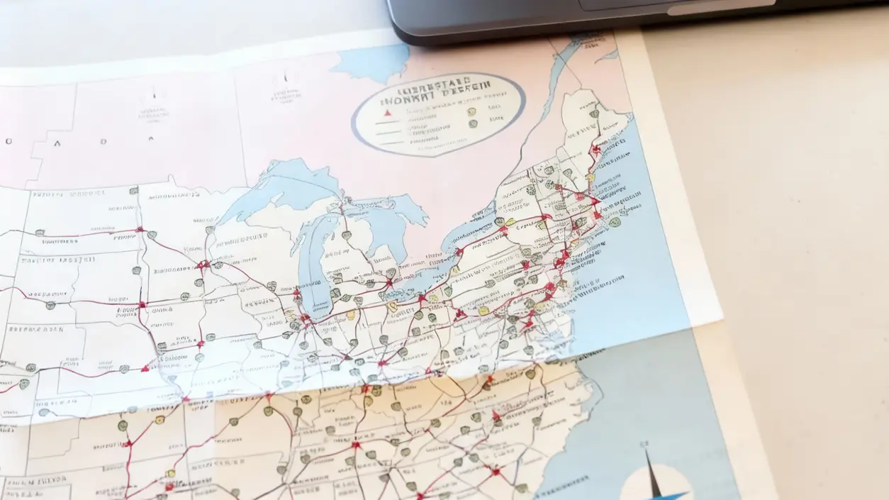 Mappa stradale vintage degli Stati Uniti parzialmente aperta su un tavolo