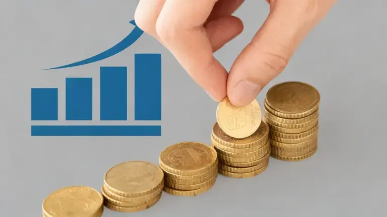 Mano che impila monete d'euro accanto a un grafico di crescita