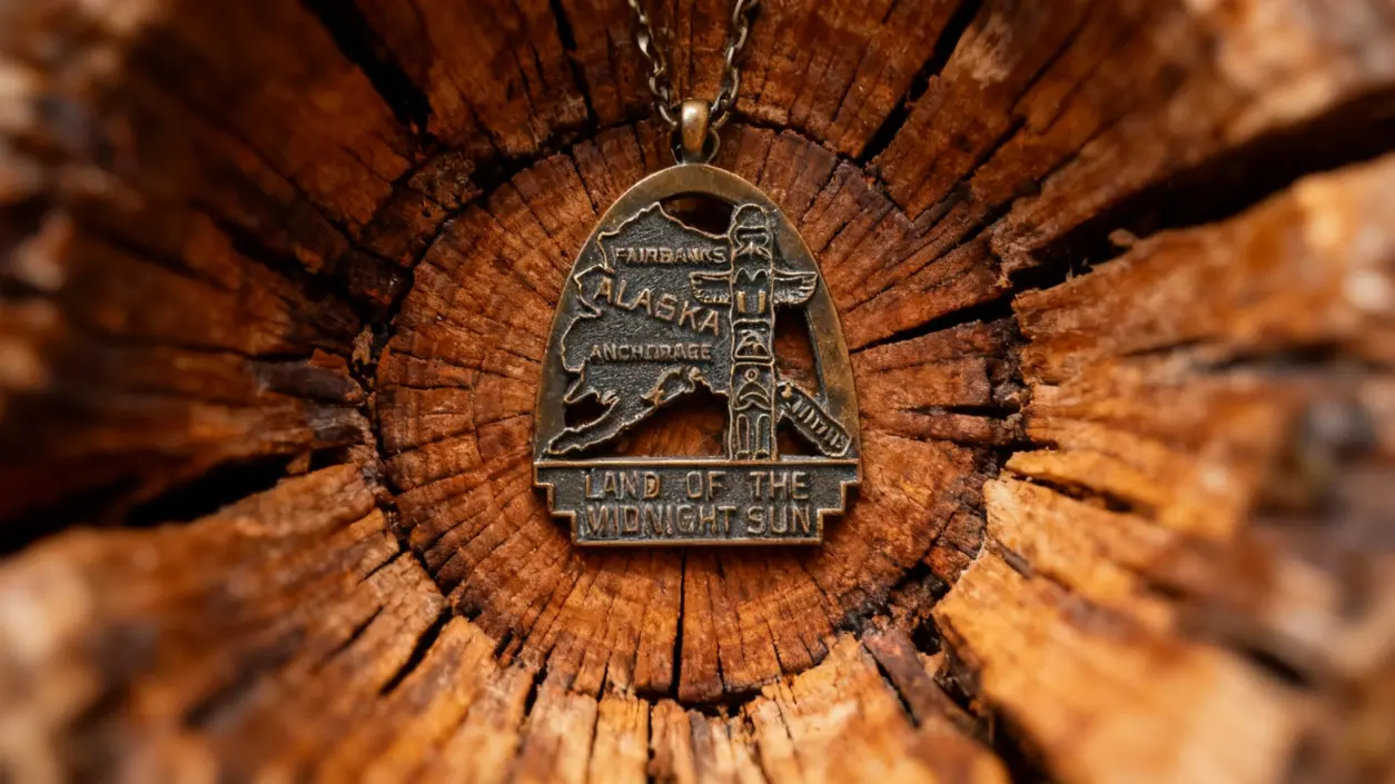 Portachiavi vintage in metallo con mappa dell'Alaska e totem, su sfondo di legno naturale.