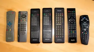 Set di vecchi telecomandi TV anni '80 e '90 disposti su un tavolo in legno